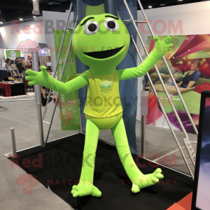 Lime Green Trapeze Artist mascot costume character dressed with a Jeggings and Foot pads