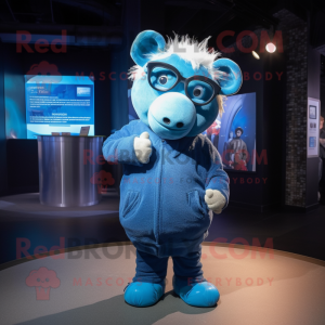Blue Sow mascot costume character dressed with a Bodysuit and Eyeglasses