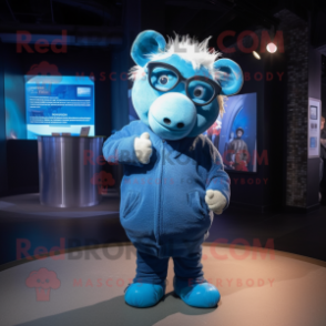 Blue Sow mascot costume character dressed with a Bodysuit and Eyeglasses