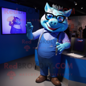 Blue Sow mascot costume character dressed with a Bodysuit and Eyeglasses