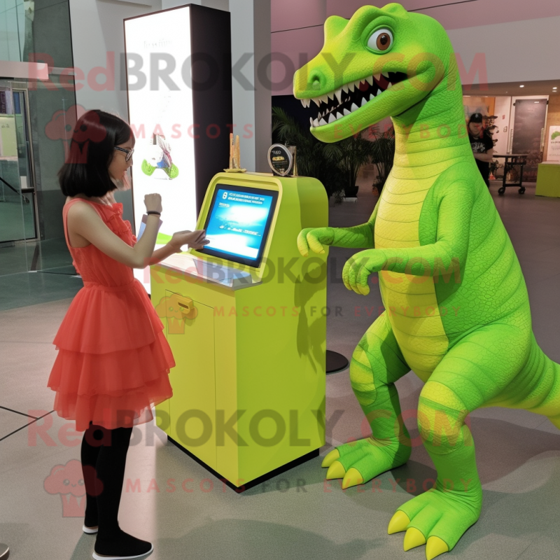 Lime Green Allosaurus mascot costume character dressed with a Midi Dress and Watches