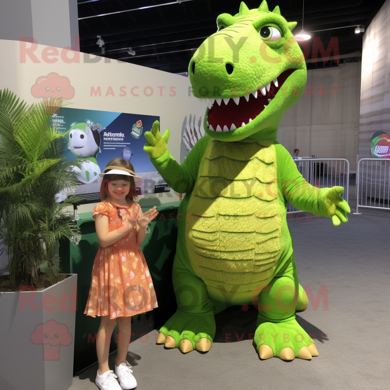 Lime Green Allosaurus mascot costume character dressed with a Midi Dress and Watches Lime Green Allosaurus mascot costume character dressed with a Midi Dress and Watches
