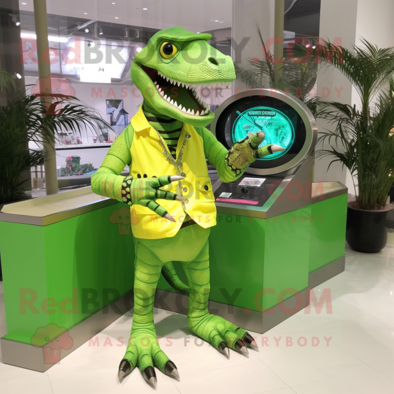 Lime Green Allosaurus mascot costume character dressed with a Midi Dress and Watches