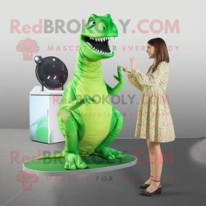 Lime Green Allosaurus mascot costume character dressed with a Midi Dress and Watches