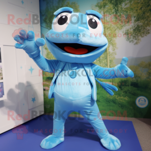 Sky Blue Frog mascot costume character dressed with a Romper and Watches