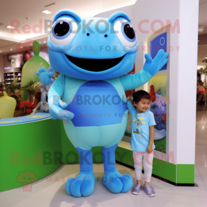 Sky Blue Frog mascot costume character dressed with a Romper and Watches