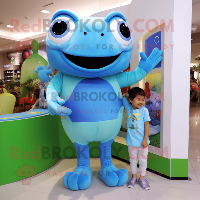 Sky Blue Frog mascot costume character dressed with a Romper and Watches Sky Blue Frog mascot costume character dressed with a Romper and Watches