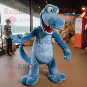 Rust Loch Ness Monster mascot costume character dressed with a Denim Shirt and Anklets