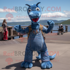 Rust Loch Ness Monster mascot costume character dressed with a Denim Shirt and Anklets