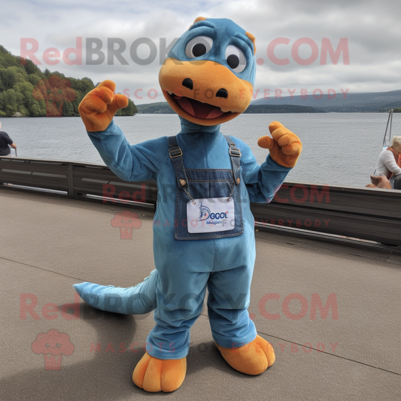 Rust Loch Ness Monster mascot costume character dressed with a Denim Shirt and Anklets Rust Loch Ness Monster mascot costume character dressed with a Denim Shirt and Anklets