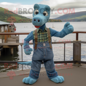 Rust Loch Ness Monster mascot costume character dressed with a Denim Shirt and Anklets