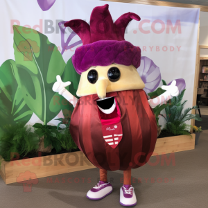 Maroon Turnip mascot costume character dressed with a Bikini and Headbands