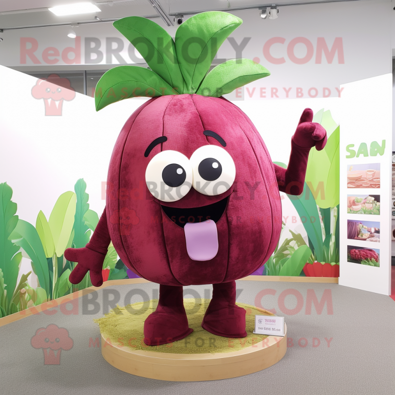 Maroon Turnip mascot costume character dressed with a Bikini and Headbands