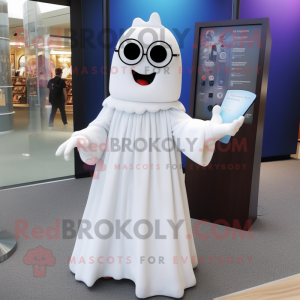 White Ghost mascot costume character dressed with a A-Line Skirt and Reading glasses