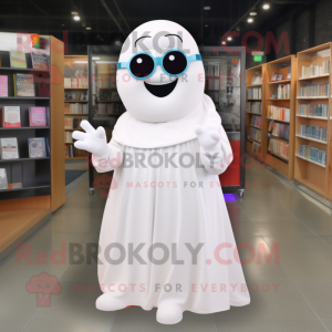 White Ghost mascot costume character dressed with a A-Line Skirt and Reading glasses