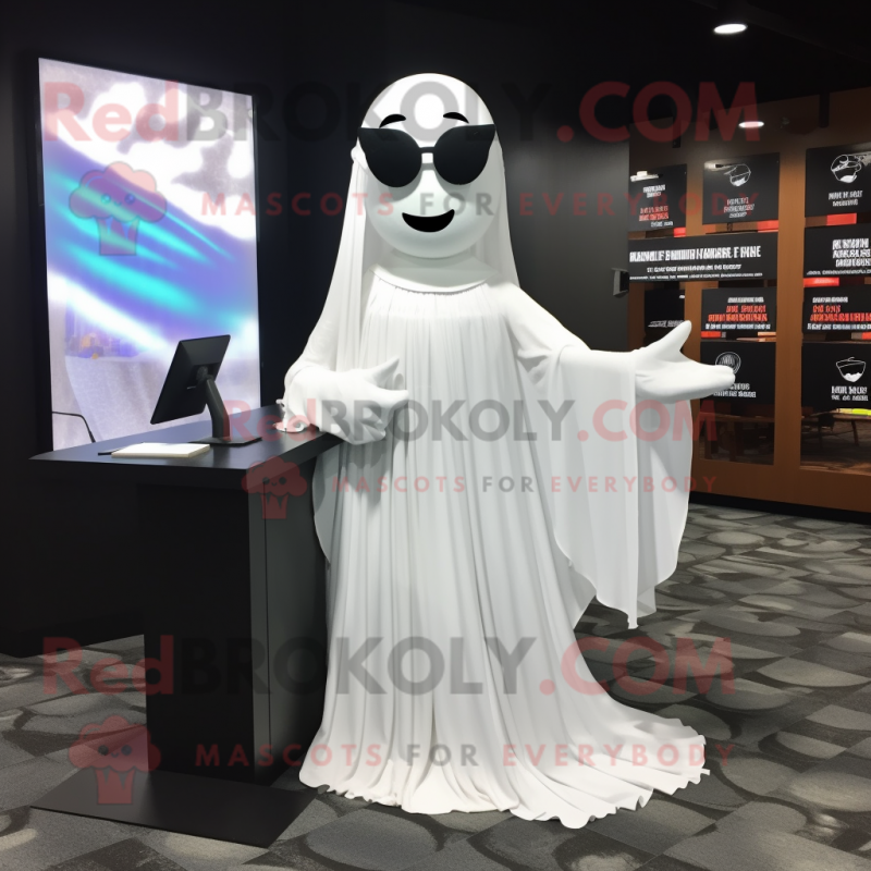 White Ghost mascot costume character dressed with a A-Line Skirt and Reading glasses