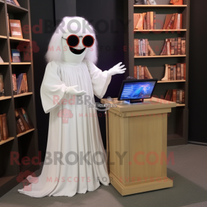 White Ghost mascot costume character dressed with a A-Line Skirt and Reading glasses