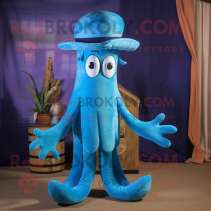 Blue Squid mascot costume character dressed with a Corduroy Pants and Hair clips