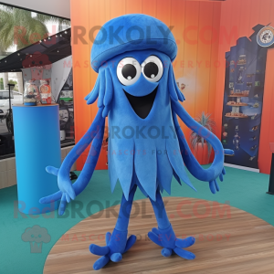Blue Squid mascot costume character dressed with a Corduroy Pants and Hair clips