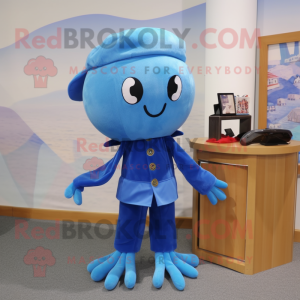 Blue Squid mascot costume character dressed with a Corduroy Pants and Hair clips