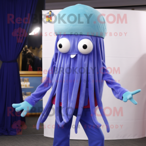 Blue Squid mascot costume character dressed with a Corduroy Pants and Hair clips