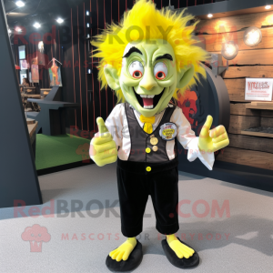 Yellow Vampire mascot costume character dressed with a Oxford Shirt and Hair clips
