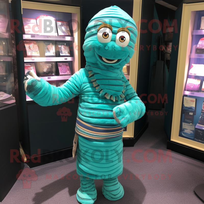 Teal Mummy mascot costume character dressed with a Sweater and Earrings