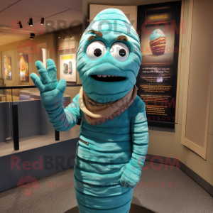 Teal Mummy mascot costume character dressed with a Sweater and Earrings