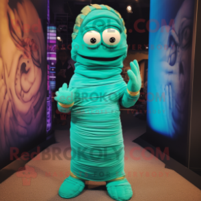 Teal Mummy mascot costume character dressed with a Sweater and Earrings