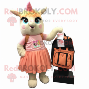 Peach Llama mascot costume character dressed with a Mini Skirt and Messenger bags