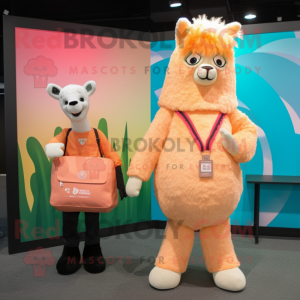 Peach Llama mascot costume character dressed with a Mini Skirt and Messenger bags