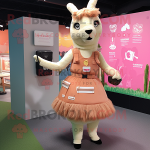 Peach Llama mascot costume character dressed with a Mini Skirt and Messenger bags