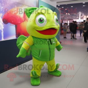 Lime Green Goldfish mascot costume character dressed with a Jacket and Foot pads