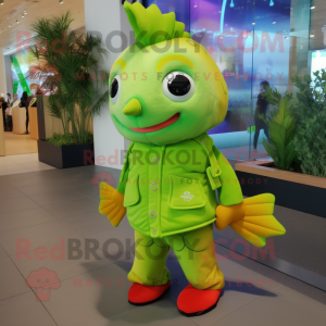 Lime Green Goldfish mascot costume character dressed with a Jacket and Foot pads