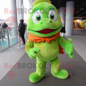 Lime Green Goldfish mascot costume character dressed with a Jacket and Foot pads
