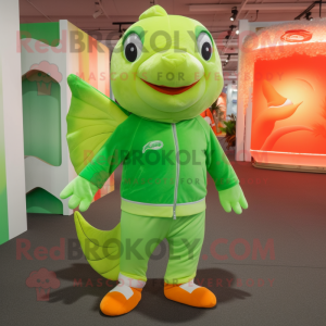 Lime Green Goldfish mascot costume character dressed with a Jacket and Foot pads