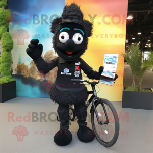 Black Unicyclist mascot costume character dressed with a T-Shirt and Messenger bags