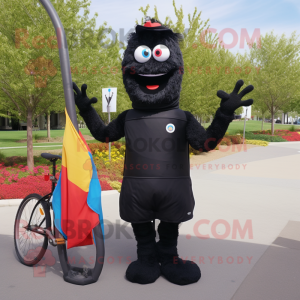 Black Unicyclist mascot costume character dressed with a T-Shirt and Messenger bags