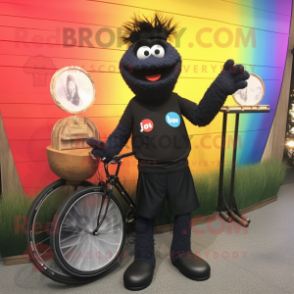 Black Unicyclist mascot costume character dressed with a T-Shirt and Messenger bags