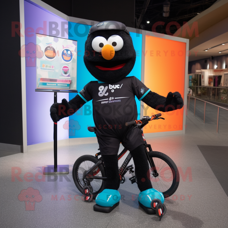 Black Unicyclist mascot costume character dressed with a T-Shirt and Messenger bags