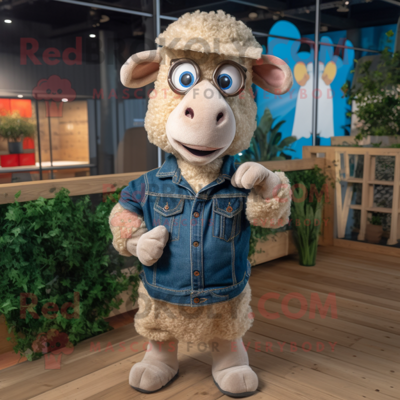 Beige Sheep mascot costume character dressed with a Denim Shirt and Earrings