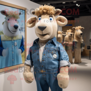 Beige Sheep mascot costume character dressed with a Denim Shirt and Earrings