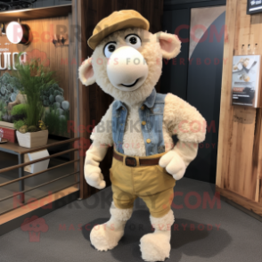 Beige Sheep mascot costume character dressed with a Denim Shirt and Earrings