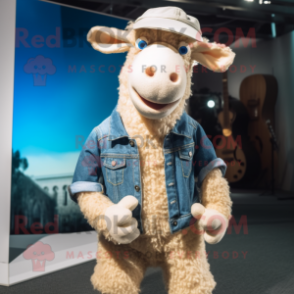 Beige Sheep mascot costume character dressed with a Denim Shirt and Earrings