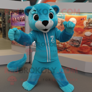 Turquoise Mongoose mascot costume character dressed with a Jumpsuit and Keychains