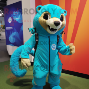 Turquoise Mongoose mascot costume character dressed with a Jumpsuit and Keychains