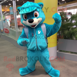 Turquoise Mongoose mascot costume character dressed with a Jumpsuit and Keychains