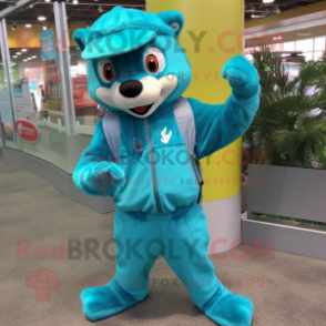 Turquoise Mongoose mascot costume character dressed with a Jumpsuit and Keychains