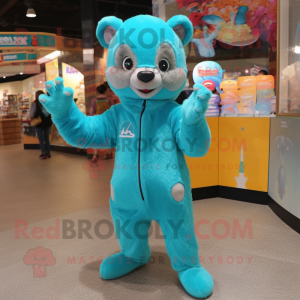 Turquoise Mongoose mascot costume character dressed with a Jumpsuit and Keychains