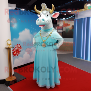 Sky Blue Beef Wellington mascot costume character dressed with a Evening Gown and Necklaces